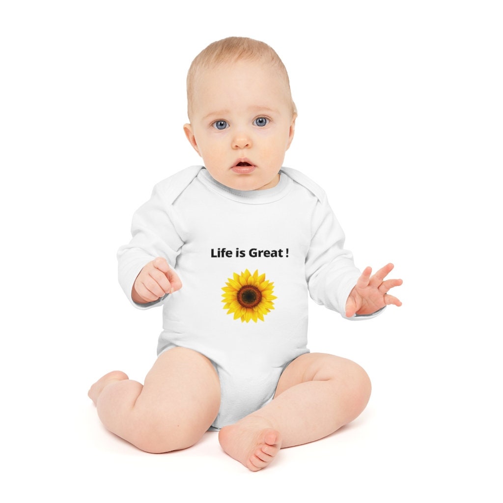 Baby Long-Sleeve Organic Bodysuit - Life is Great! Sunflower image
