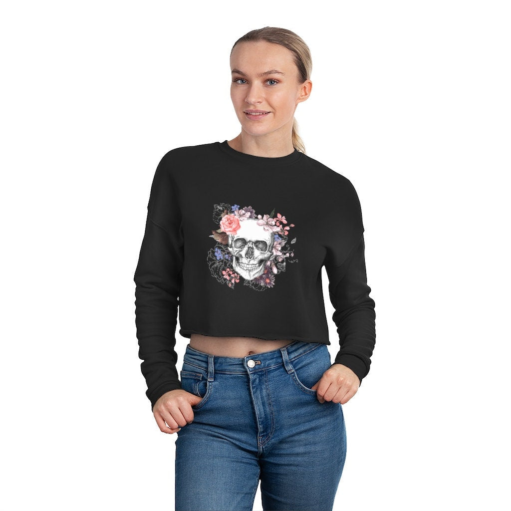 Women's Gothic Cropped Sweatshirt with skull and flowers emo gothic clothing alternative clothing