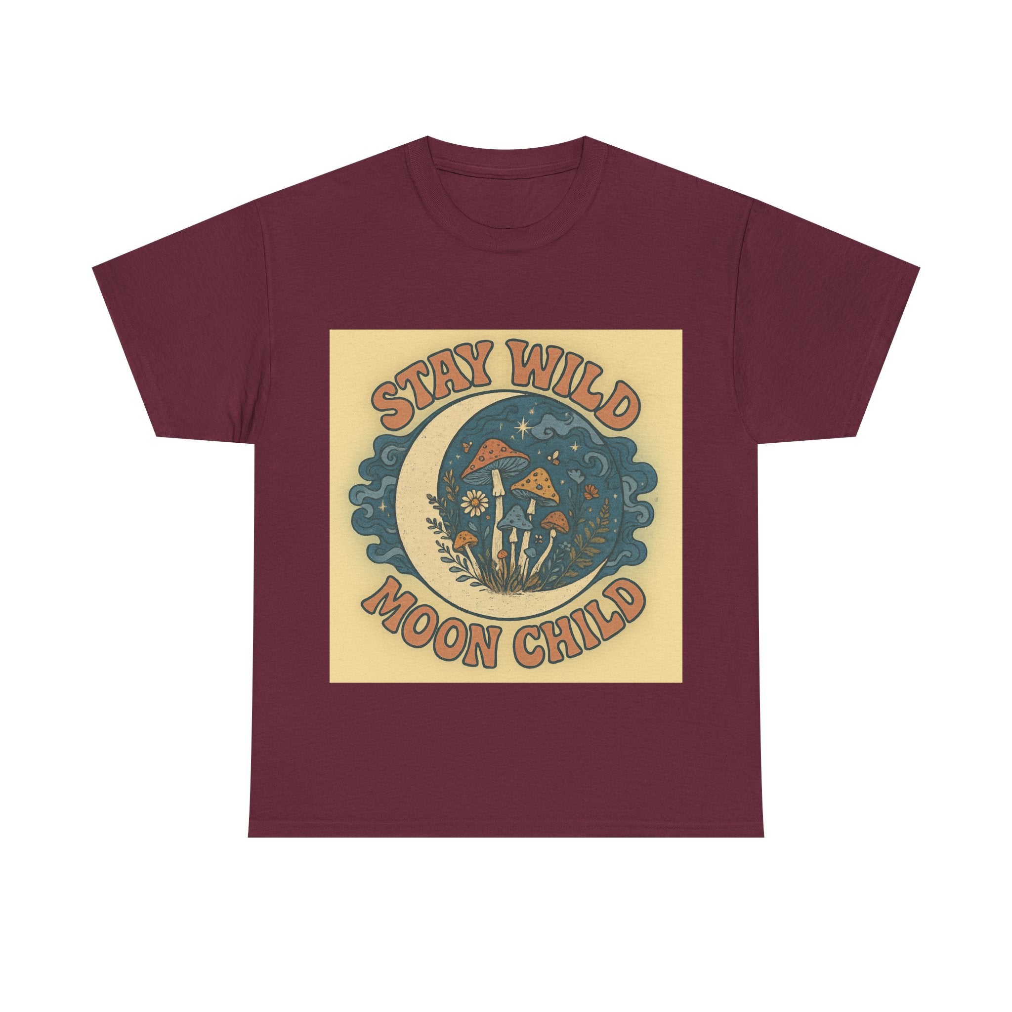 Stay Wild Moon Child Unisex Heavy Cotton Tee, Boho T-Shirt, Nature Lover Gift, Vintage Graphic Tee, Festival Wear, Eco-Friendly Apparel
