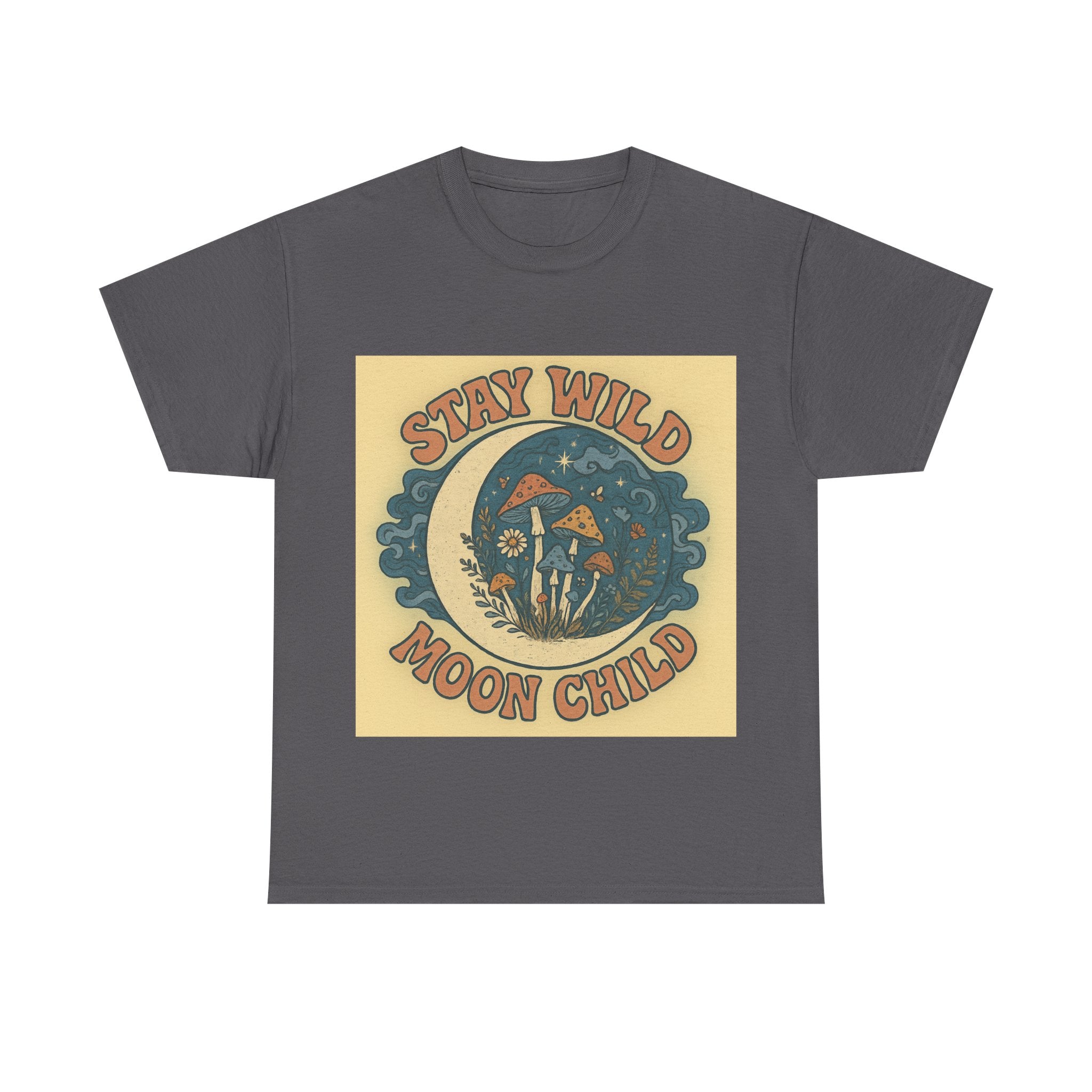 Stay Wild Moon Child Unisex Heavy Cotton Tee, Boho T-Shirt, Nature Lover Gift, Vintage Graphic Tee, Festival Wear, Eco-Friendly Apparel