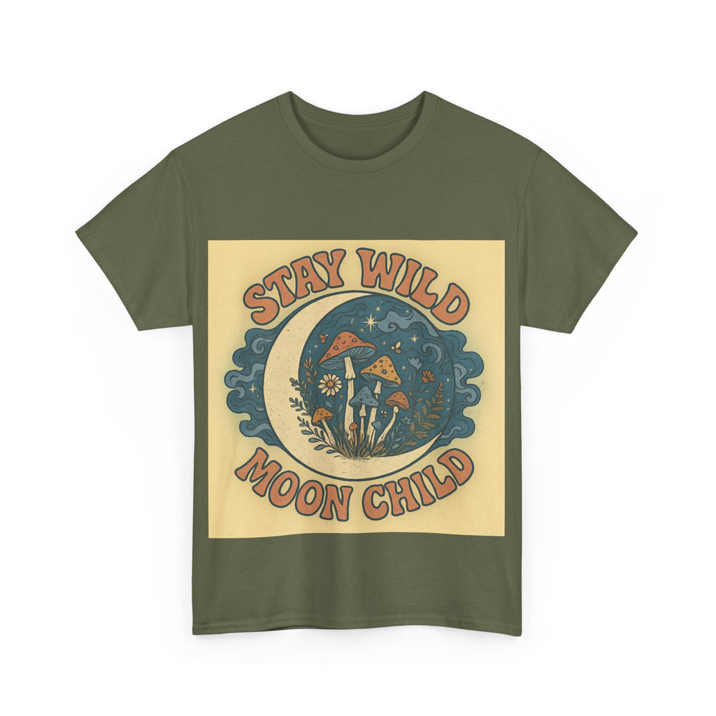Stay Wild Moon Child Unisex Heavy Cotton Tee, Boho T-Shirt, Nature Lover Gift, Vintage Graphic Tee, Festival Wear, Eco-Friendly Apparel