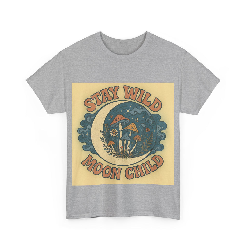 Stay Wild Moon Child Unisex Heavy Cotton Tee, Boho T-Shirt, Nature Lover Gift, Vintage Graphic Tee, Festival Wear, Eco-Friendly Apparel