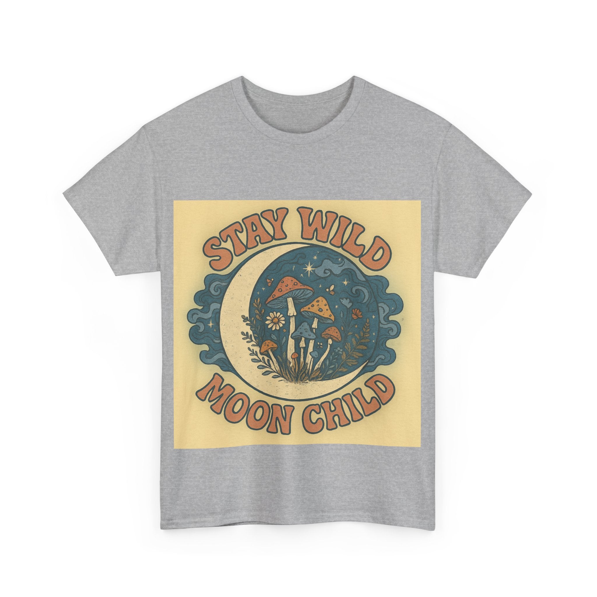 Stay Wild Moon Child Unisex Heavy Cotton Tee, Boho T-Shirt, Nature Lover Gift, Vintage Graphic Tee, Festival Wear, Eco-Friendly Apparel