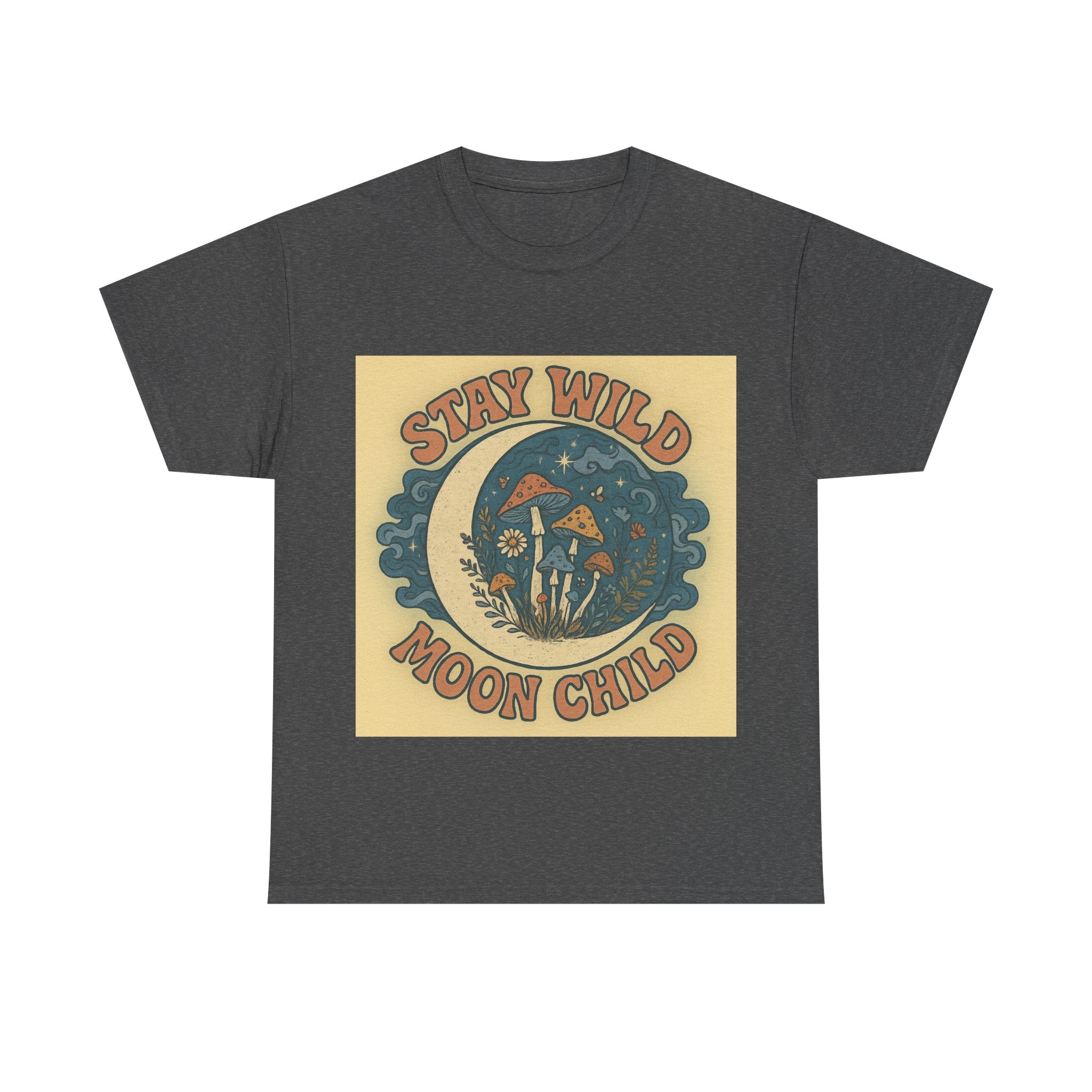 Stay Wild Moon Child Unisex Heavy Cotton Tee, Boho T-Shirt, Nature Lover Gift, Vintage Graphic Tee, Festival Wear, Eco-Friendly Apparel