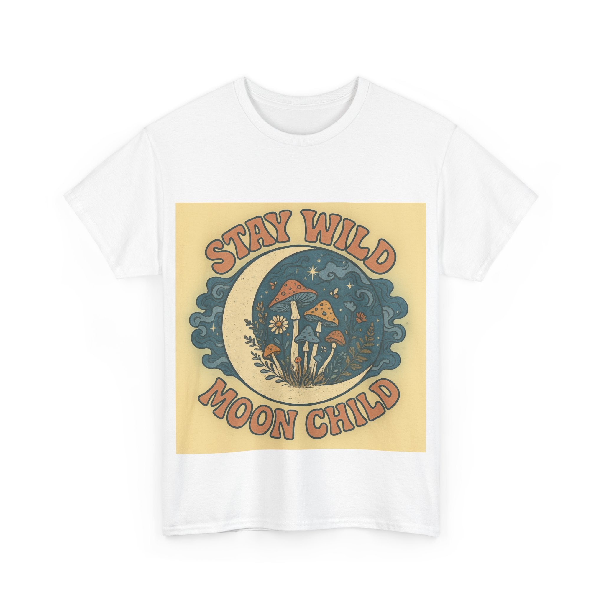Stay Wild Moon Child Unisex Heavy Cotton Tee, Boho T-Shirt, Nature Lover Gift, Vintage Graphic Tee, Festival Wear, Eco-Friendly Apparel