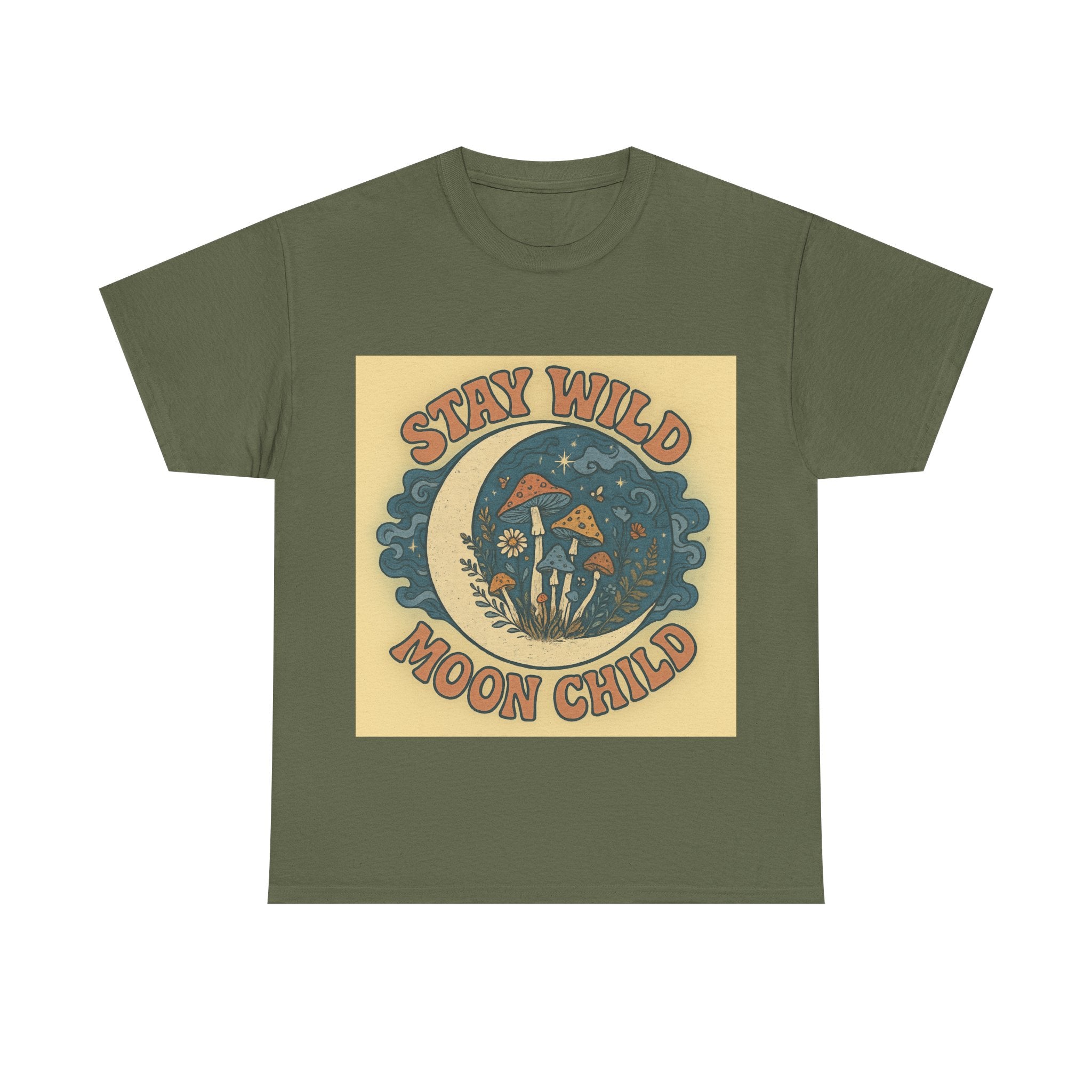 Stay Wild Moon Child Unisex Heavy Cotton Tee, Boho T-Shirt, Nature Lover Gift, Vintage Graphic Tee, Festival Wear, Eco-Friendly Apparel