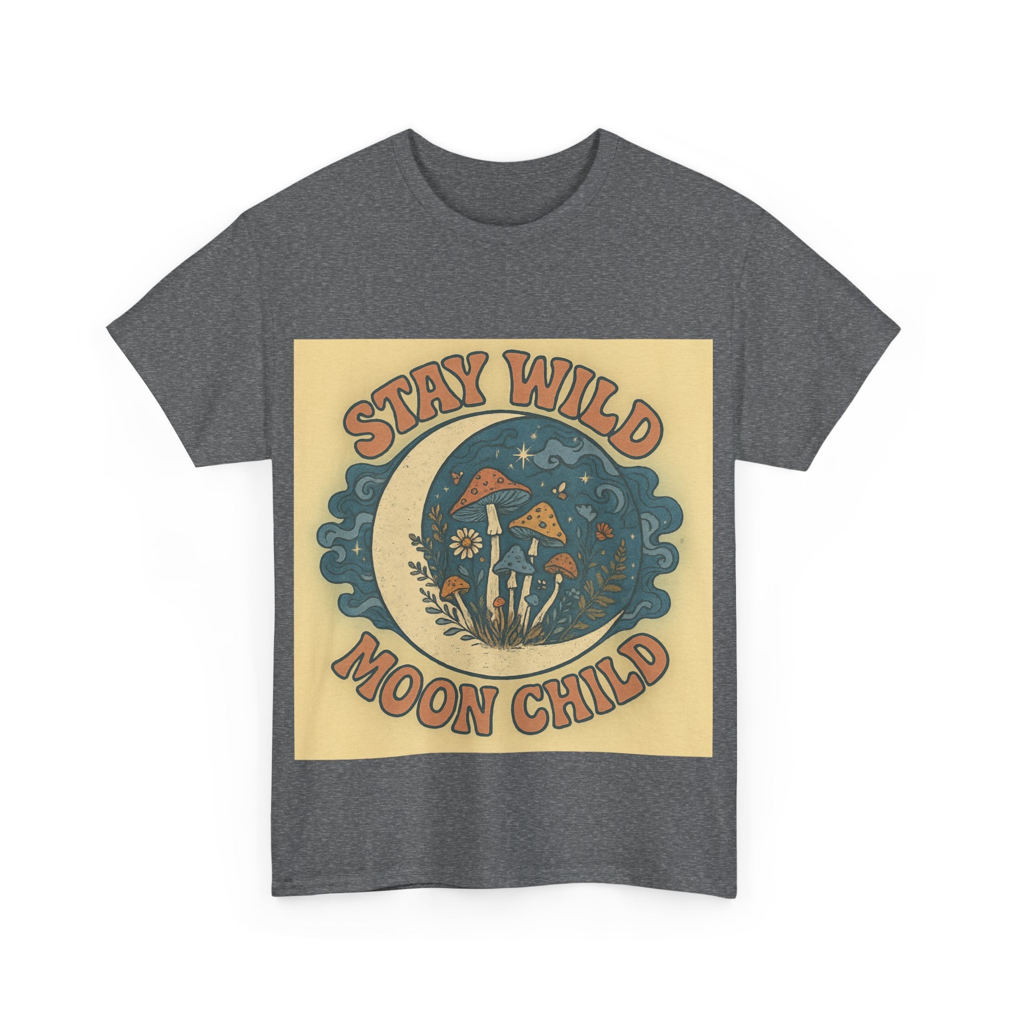 Stay Wild Moon Child Unisex Heavy Cotton Tee, Boho T-Shirt, Nature Lover Gift, Vintage Graphic Tee, Festival Wear, Eco-Friendly Apparel