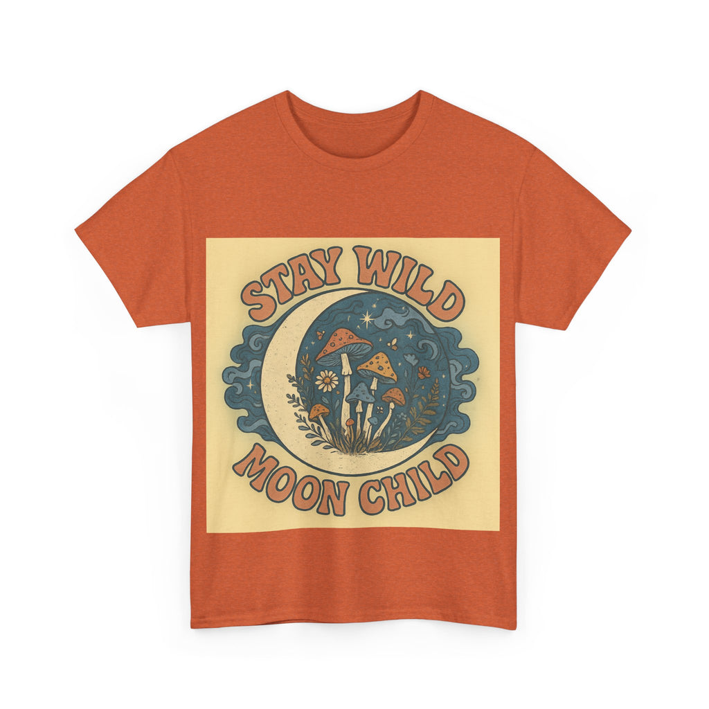 Stay Wild Moon Child Unisex Heavy Cotton Tee, Boho T-Shirt, Nature Lover Gift, Vintage Graphic Tee, Festival Wear, Eco-Friendly Apparel
