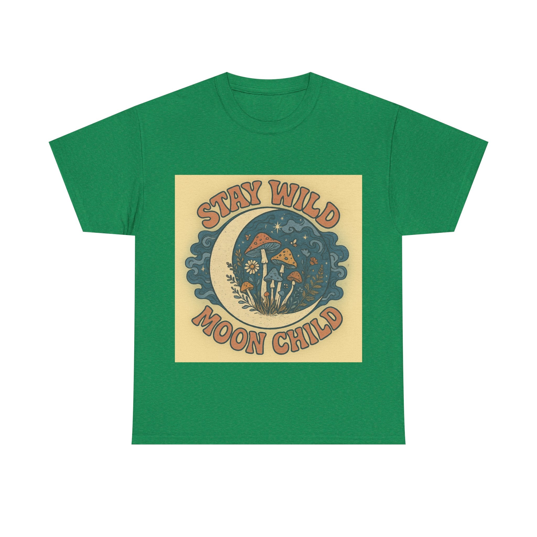 Stay Wild Moon Child Unisex Heavy Cotton Tee, Boho T-Shirt, Nature Lover Gift, Vintage Graphic Tee, Festival Wear, Eco-Friendly Apparel