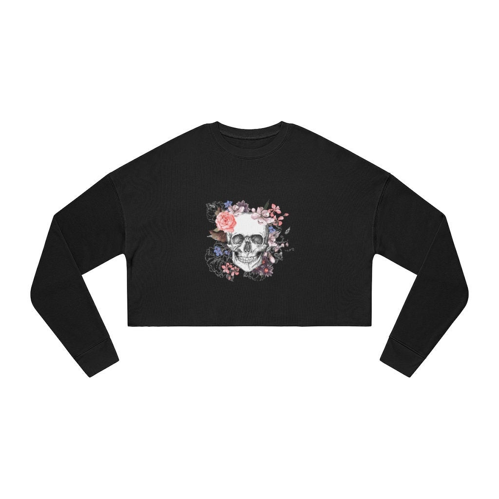 Women's Gothic Cropped Sweatshirt with skull and flowers emo gothic clothing alternative clothing