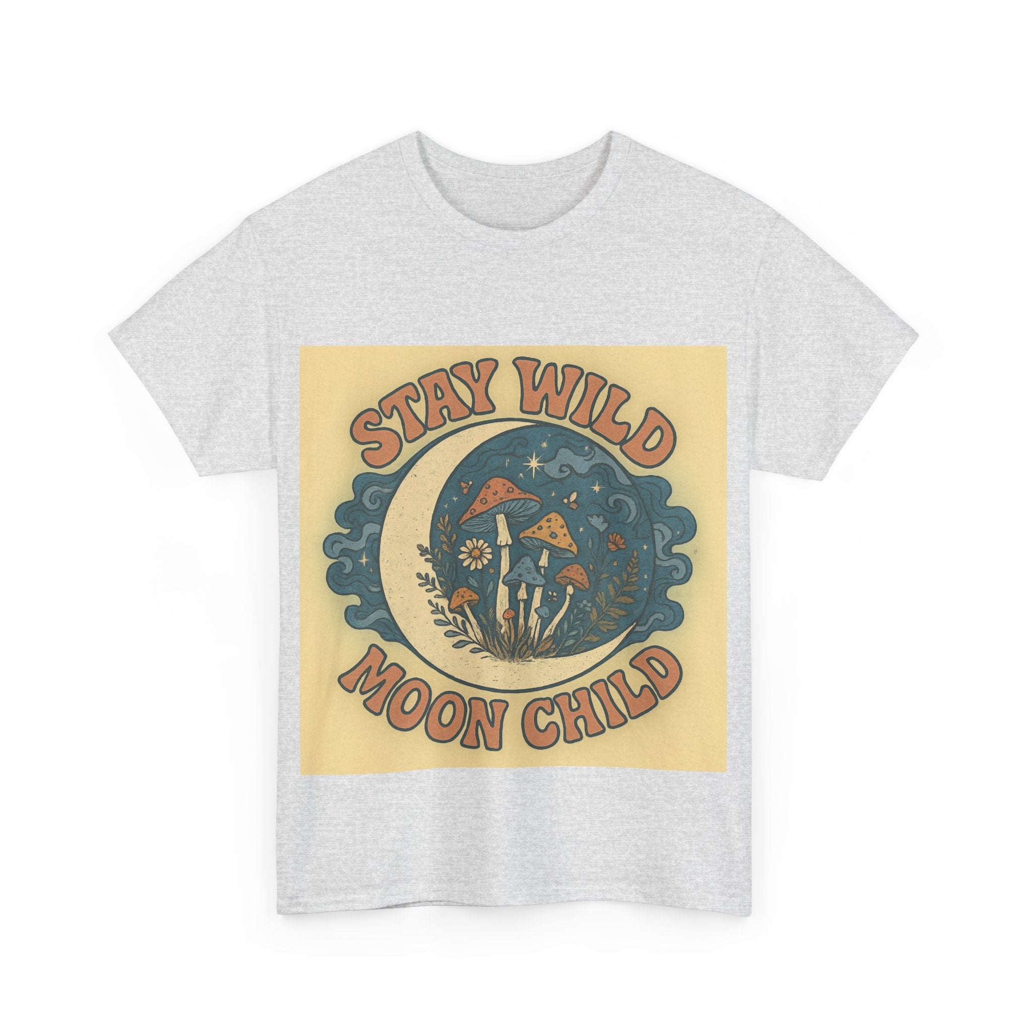Stay Wild Moon Child Unisex Heavy Cotton Tee, Boho T-Shirt, Nature Lover Gift, Vintage Graphic Tee, Festival Wear, Eco-Friendly Apparel