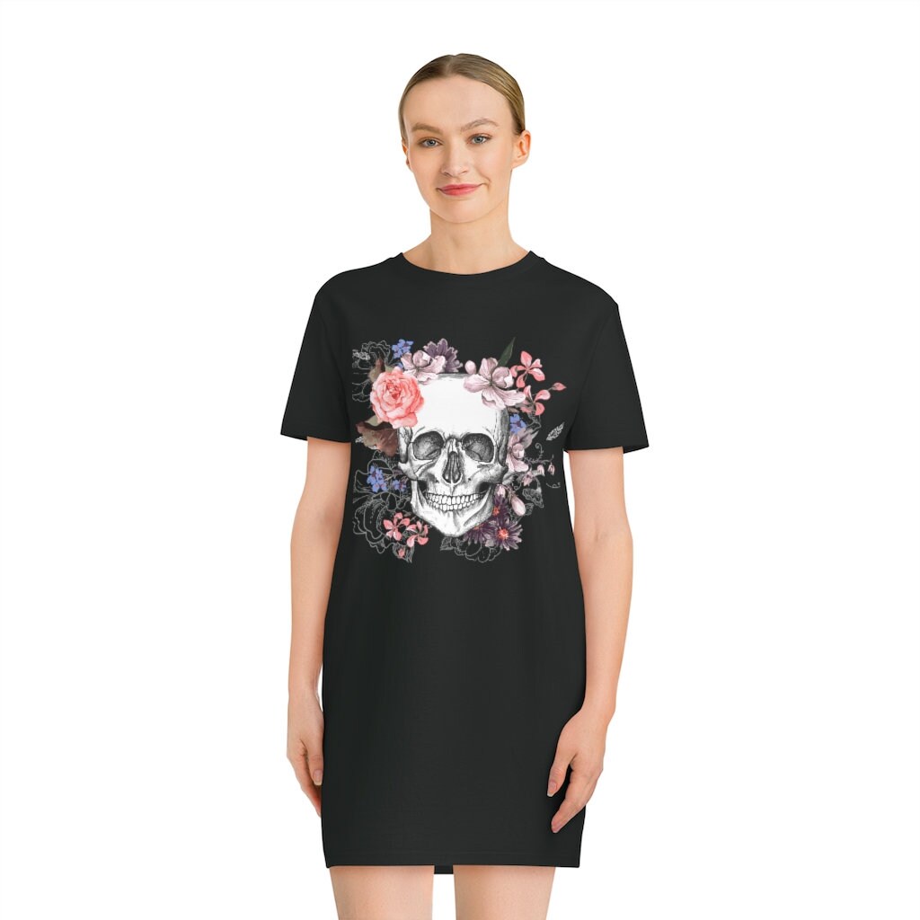 Goth skull and flowers Spinner T-Shirt Dress gothic clothing emo alternative dark academia alt