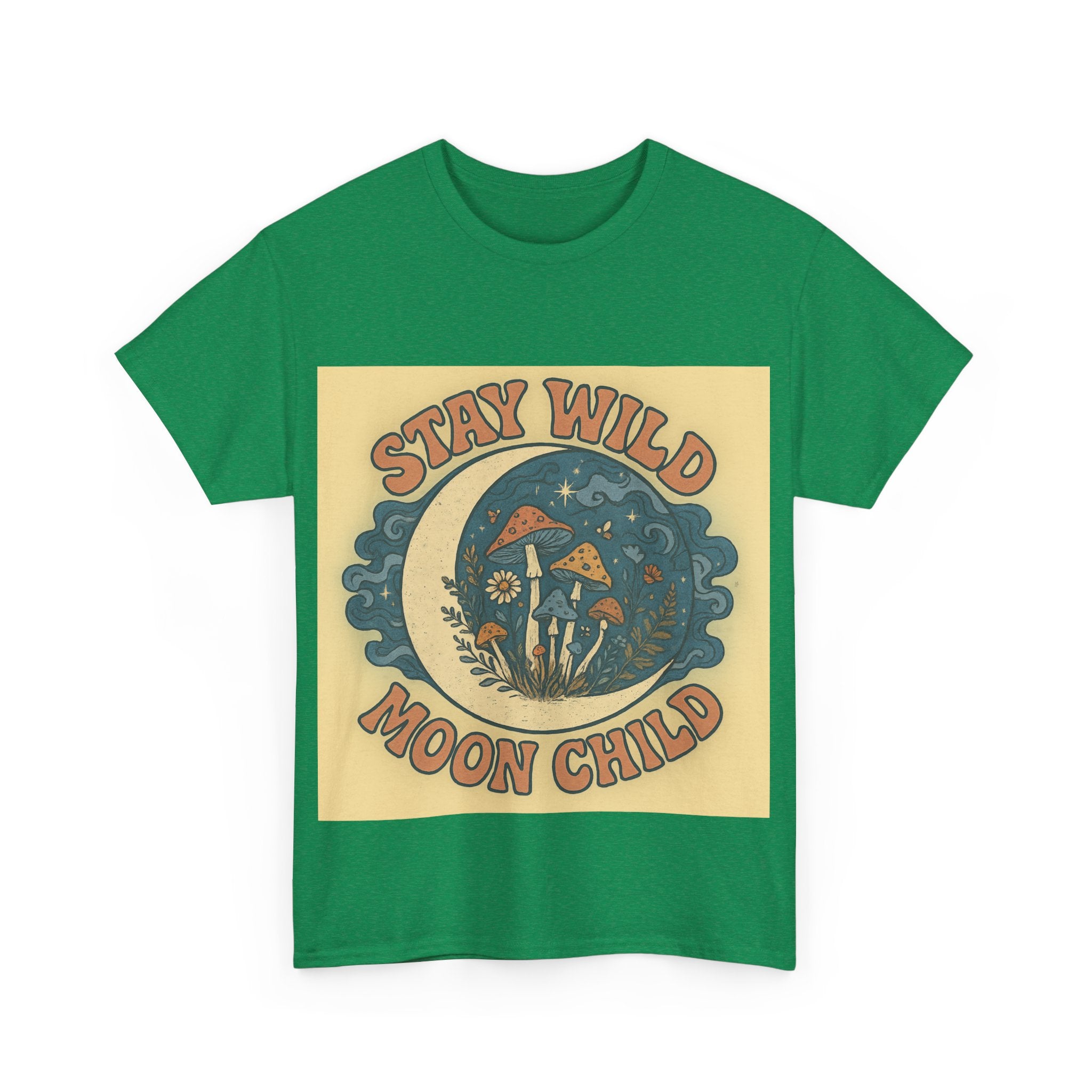 Stay Wild Moon Child Unisex Heavy Cotton Tee, Boho T-Shirt, Nature Lover Gift, Vintage Graphic Tee, Festival Wear, Eco-Friendly Apparel
