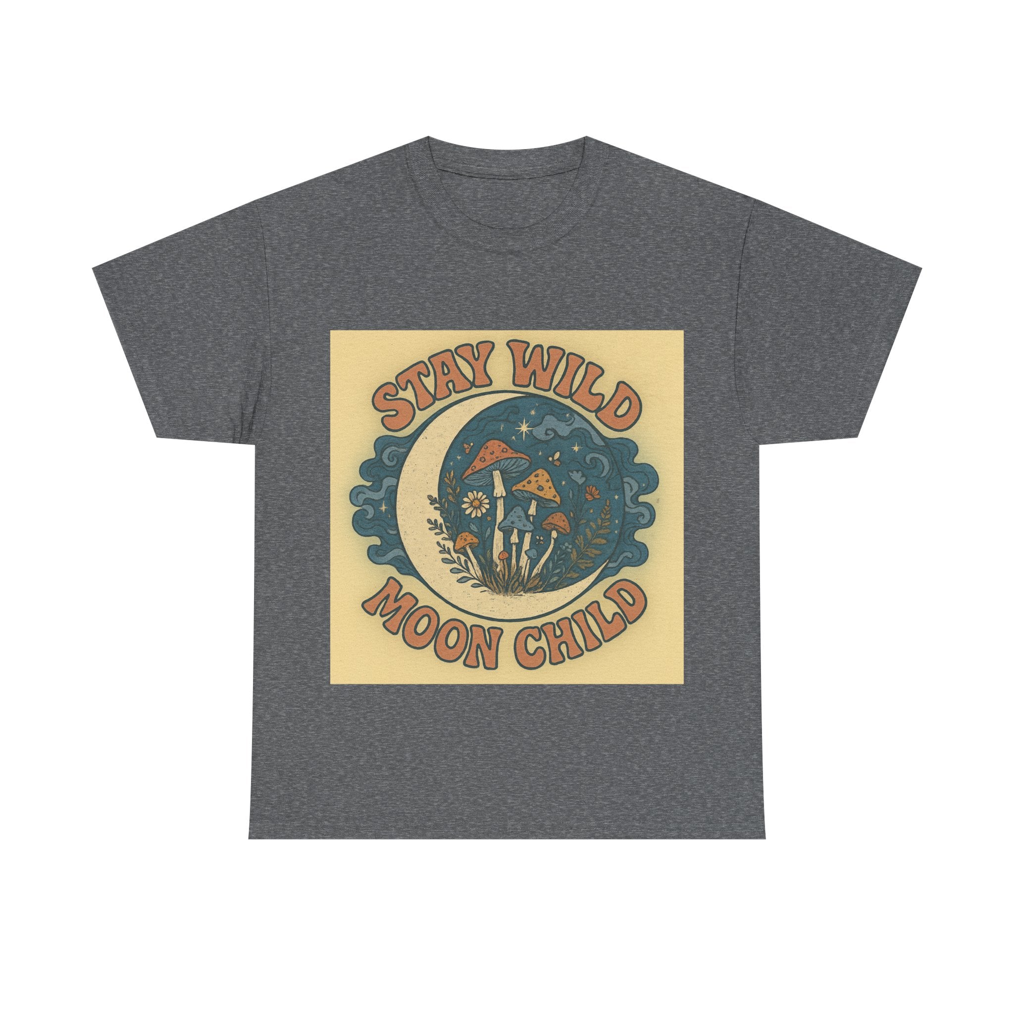 Stay Wild Moon Child Unisex Heavy Cotton Tee, Boho T-Shirt, Nature Lover Gift, Vintage Graphic Tee, Festival Wear, Eco-Friendly Apparel