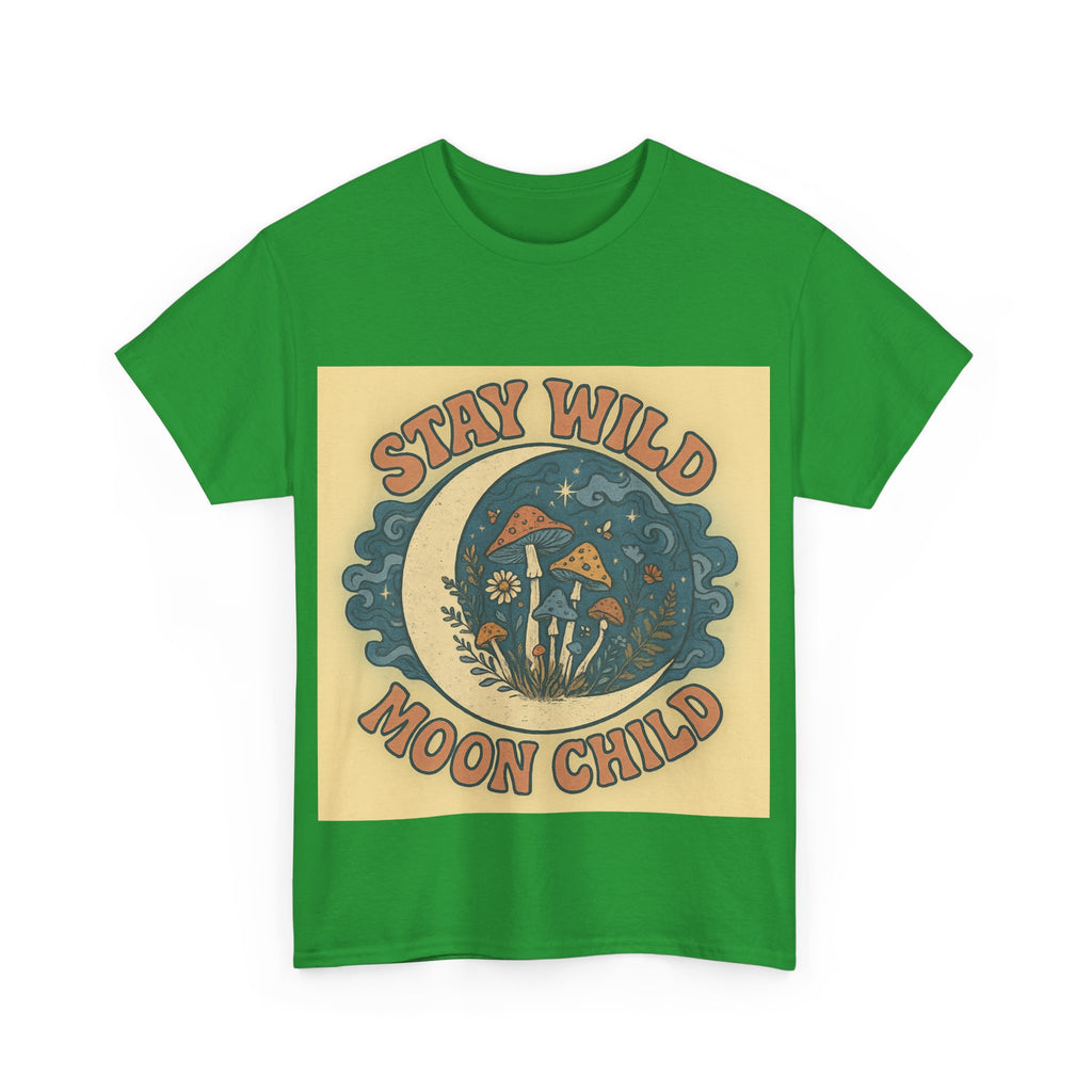 Stay Wild Moon Child Unisex Heavy Cotton Tee, Boho T-Shirt, Nature Lover Gift, Vintage Graphic Tee, Festival Wear, Eco-Friendly Apparel
