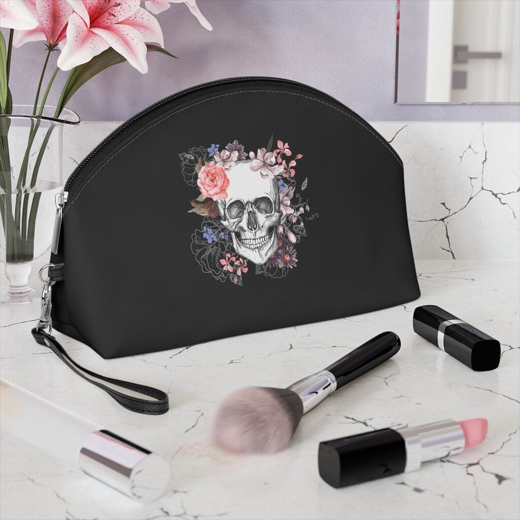 Goth Makeup Bag with skull and flowers alternative accessories emo gothic handbag