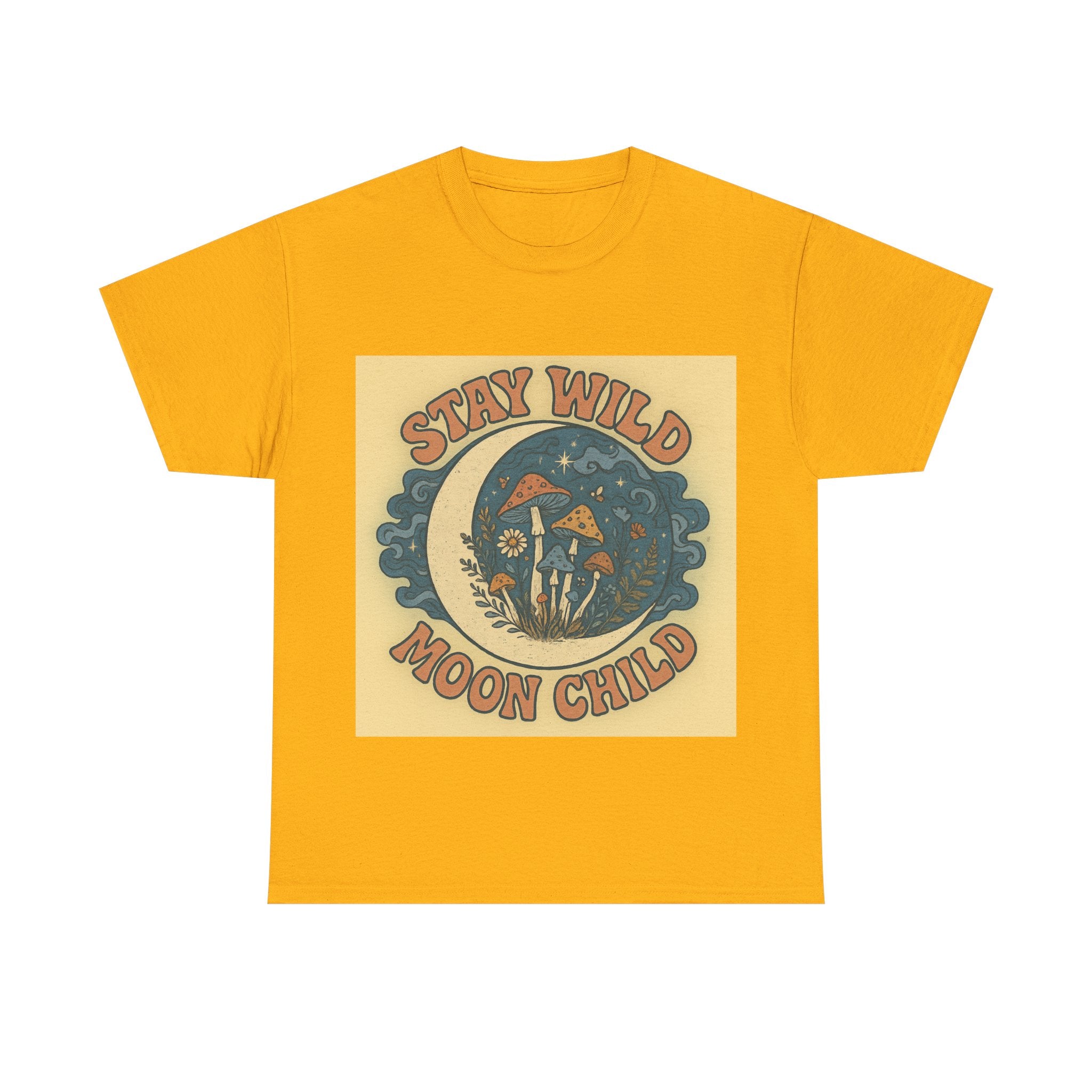 Stay Wild Moon Child Unisex Heavy Cotton Tee, Boho T-Shirt, Nature Lover Gift, Vintage Graphic Tee, Festival Wear, Eco-Friendly Apparel