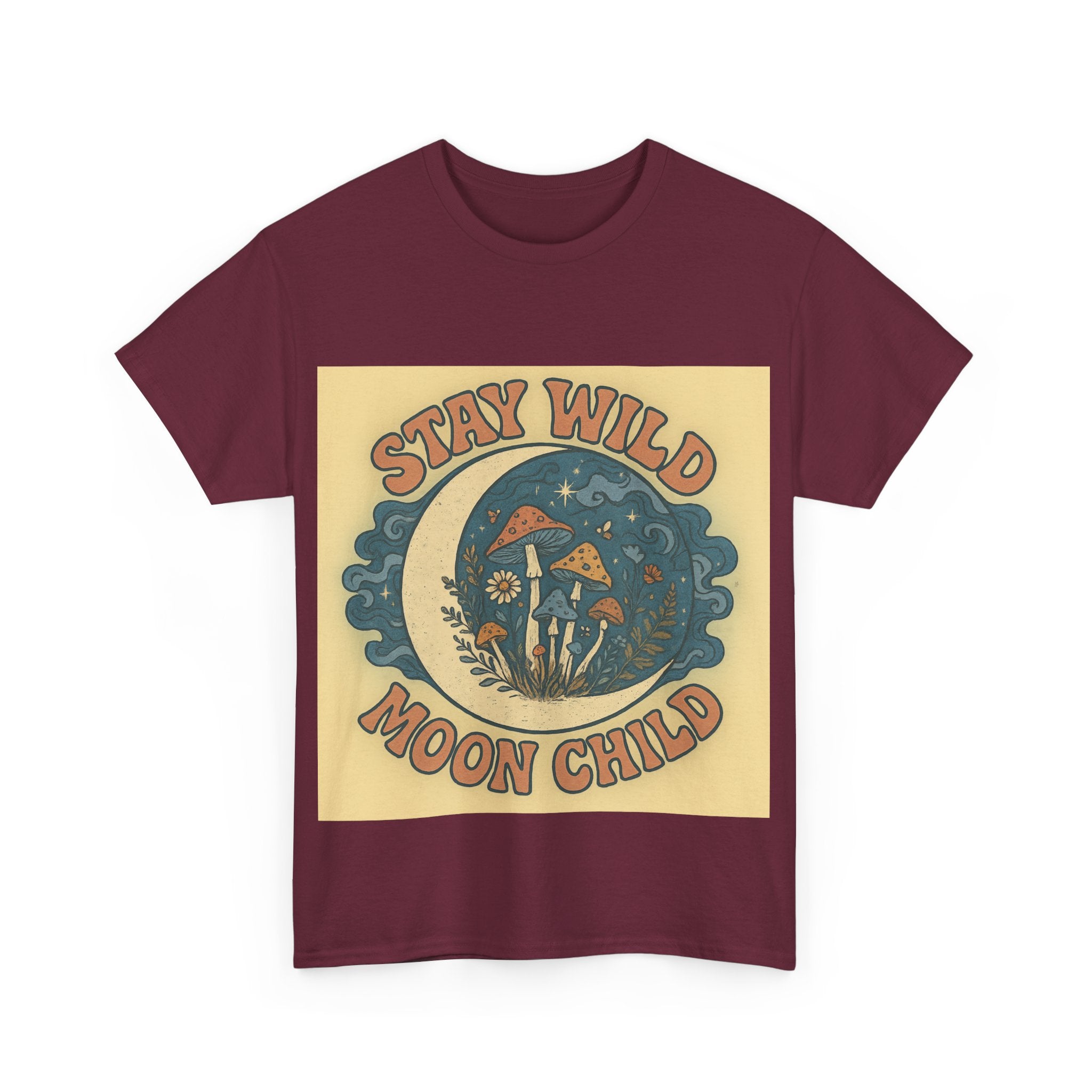 Stay Wild Moon Child Unisex Heavy Cotton Tee, Boho T-Shirt, Nature Lover Gift, Vintage Graphic Tee, Festival Wear, Eco-Friendly Apparel