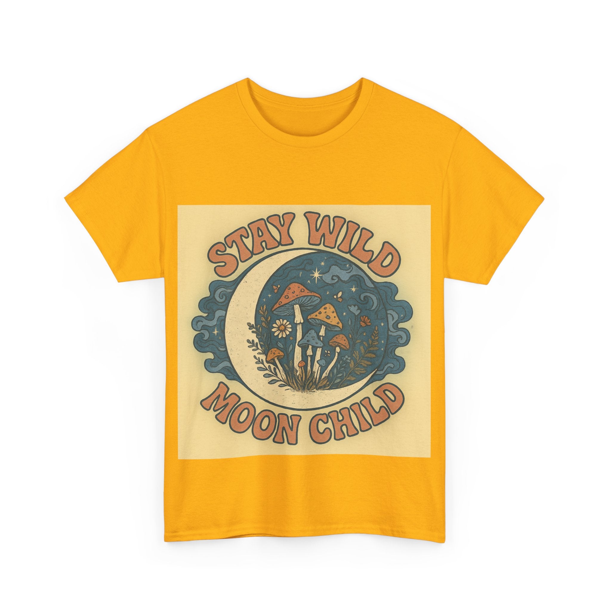 Stay Wild Moon Child Unisex Heavy Cotton Tee, Boho T-Shirt, Nature Lover Gift, Vintage Graphic Tee, Festival Wear, Eco-Friendly Apparel