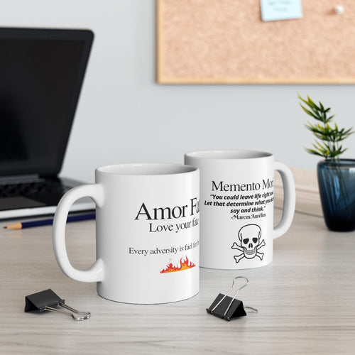 Amor Fati Memento Mori Ceramic Mug 11oz novelty stoic mug stoicism Marcus Aurelius quote