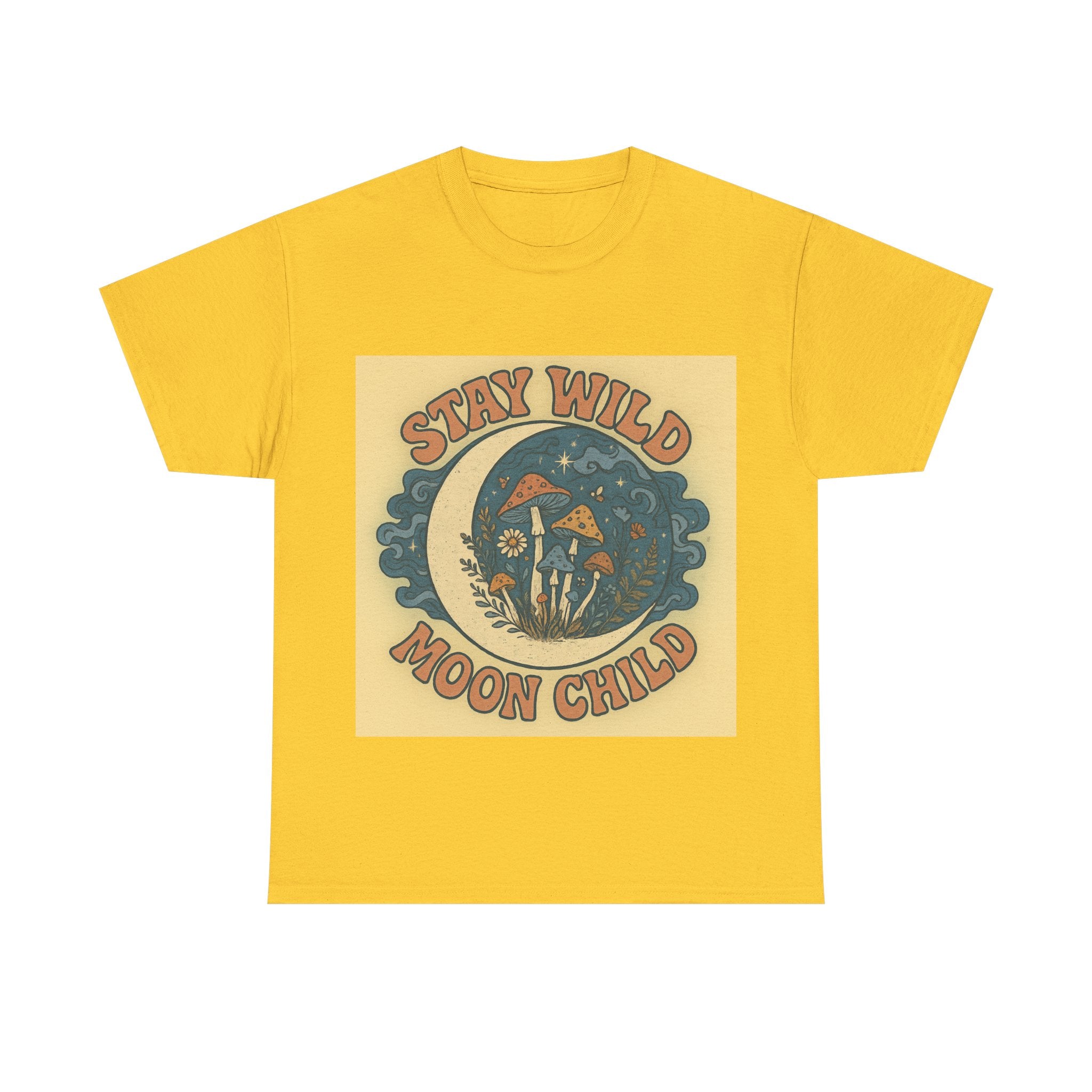 Stay Wild Moon Child Unisex Heavy Cotton Tee, Boho T-Shirt, Nature Lover Gift, Vintage Graphic Tee, Festival Wear, Eco-Friendly Apparel