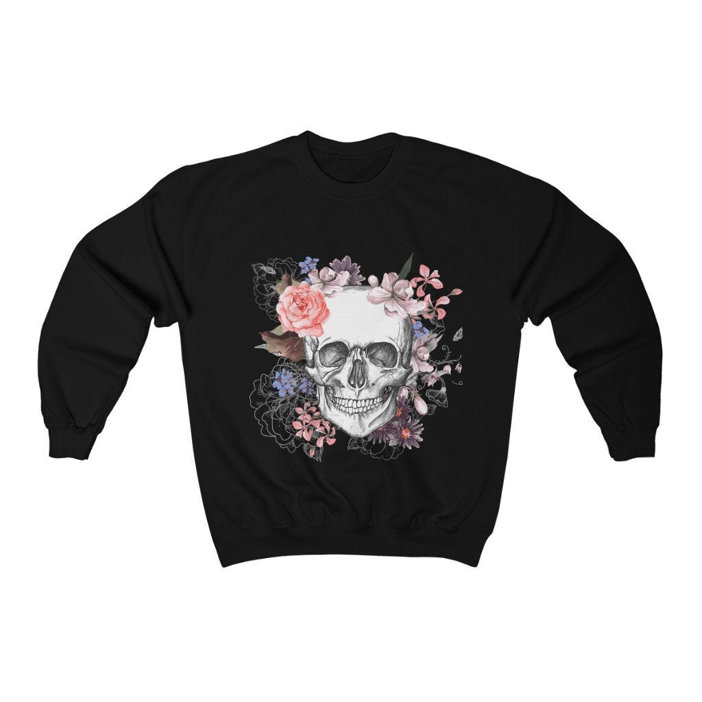 Goth Skull and flowers Unisex Heavy Blend Crewneck Sweatshirt emo alt clothing dark academia