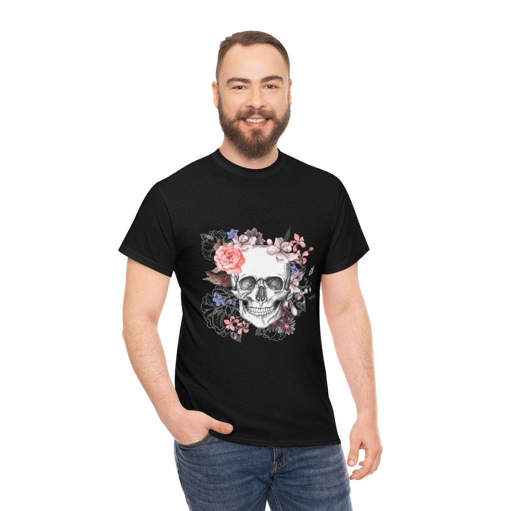 Goth Skull and flowers Unisex Heavy Cotton Tee emo alternative clothing dark academia gothic clothing alt