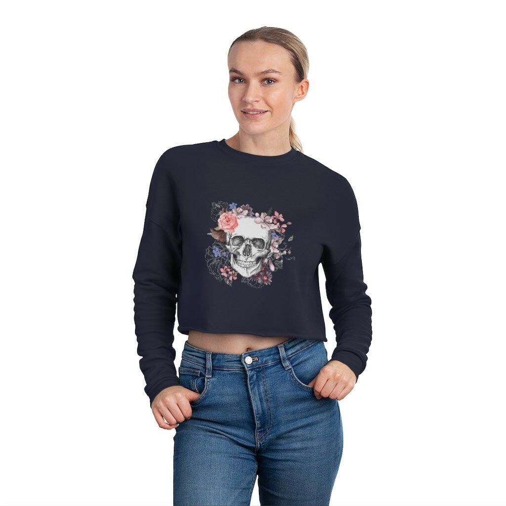 Women's Gothic Cropped Sweatshirt with skull and flowers emo gothic clothing alternative clothing
