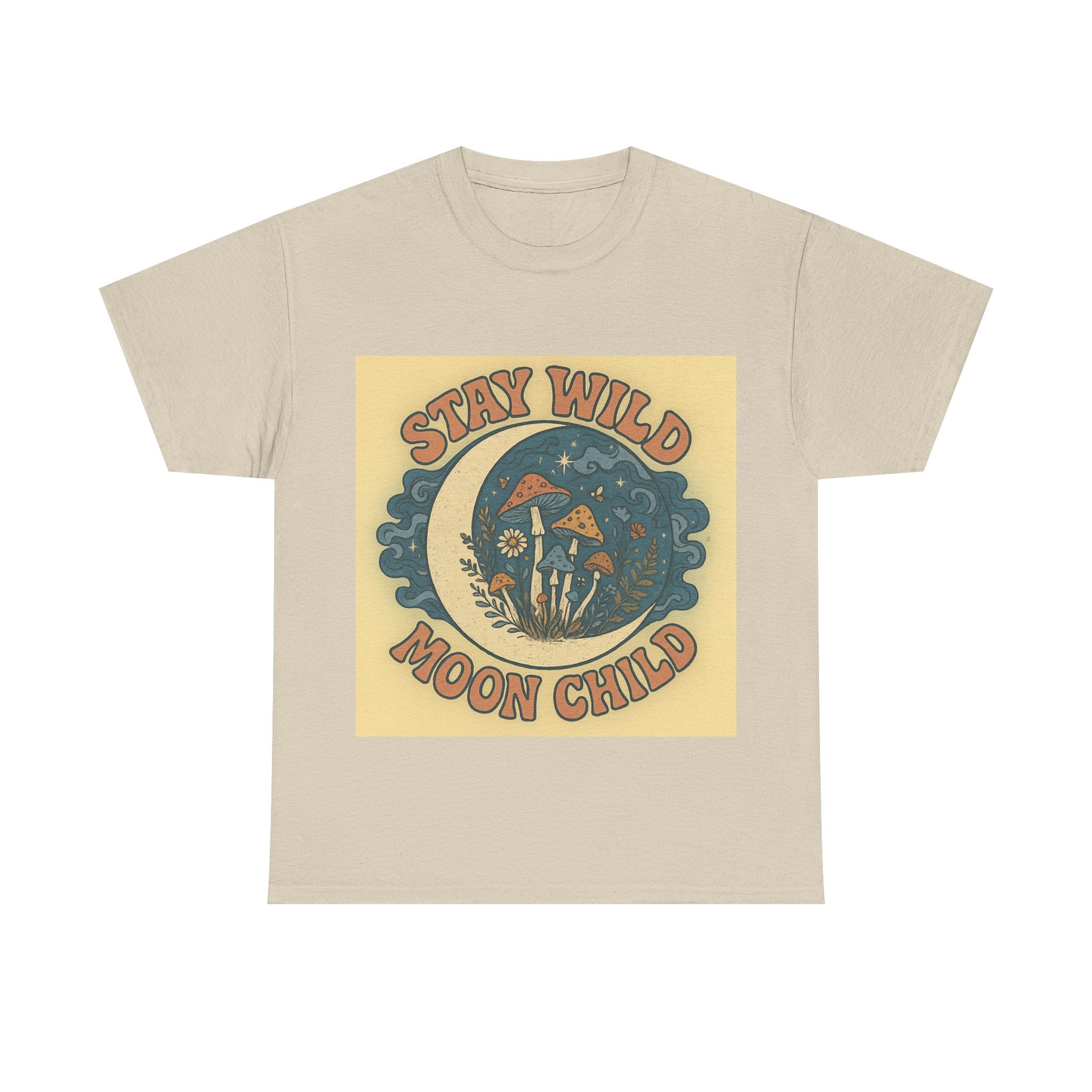 Stay Wild Moon Child Unisex Heavy Cotton Tee, Boho T-Shirt, Nature Lover Gift, Vintage Graphic Tee, Festival Wear, Eco-Friendly Apparel