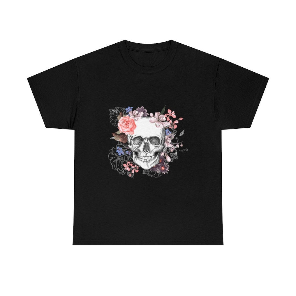 Goth Skull and flowers Unisex Heavy Cotton Tee emo alternative clothing dark academia gothic clothing alt