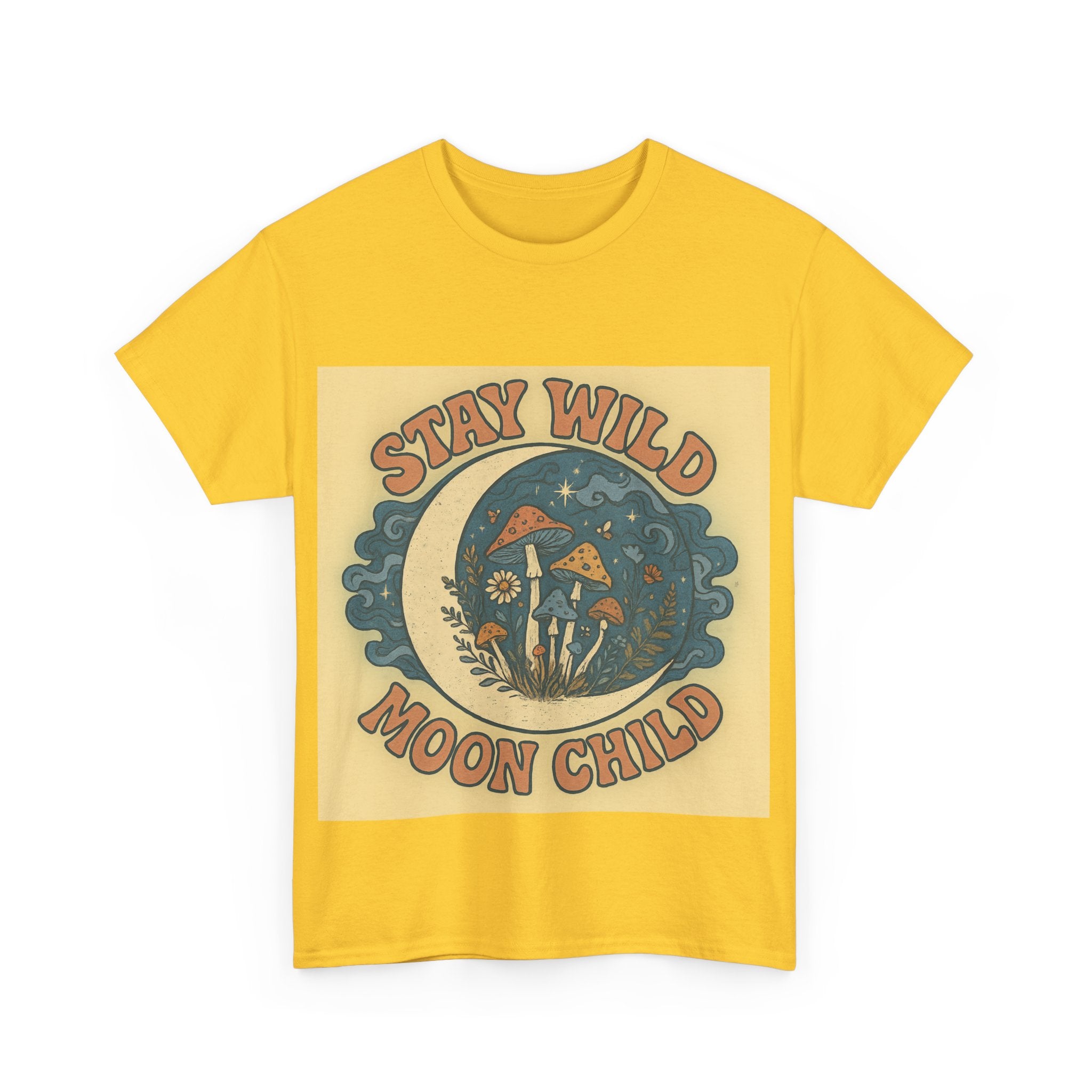 Stay Wild Moon Child Unisex Heavy Cotton Tee, Boho T-Shirt, Nature Lover Gift, Vintage Graphic Tee, Festival Wear, Eco-Friendly Apparel