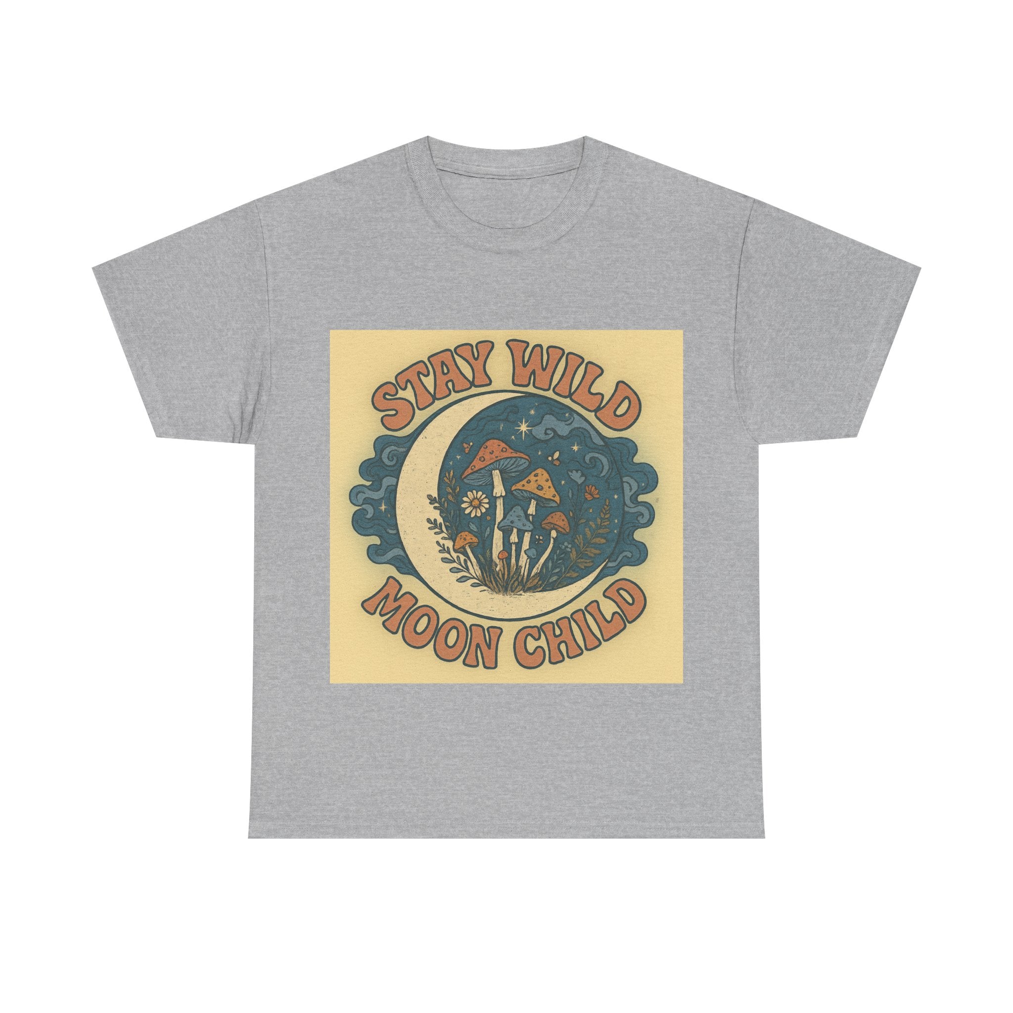 Stay Wild Moon Child Unisex Heavy Cotton Tee, Boho T-Shirt, Nature Lover Gift, Vintage Graphic Tee, Festival Wear, Eco-Friendly Apparel