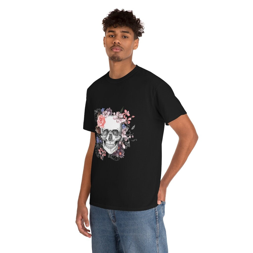 Goth Skull and flowers Unisex Heavy Cotton Tee emo alternative clothing dark academia gothic clothing alt