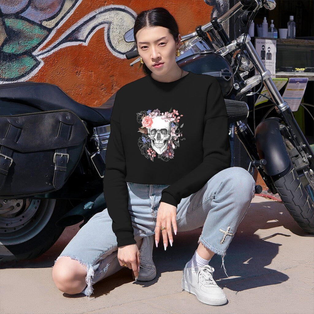 Women's Gothic Cropped Sweatshirt with skull and flowers emo gothic clothing alternative clothing