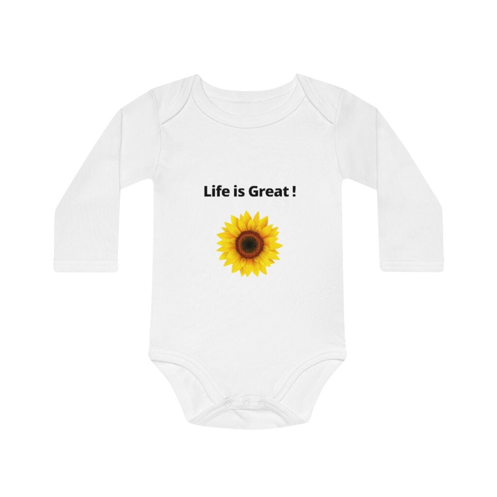 Baby Long-Sleeve Organic Bodysuit - Life is Great! Sunflower image