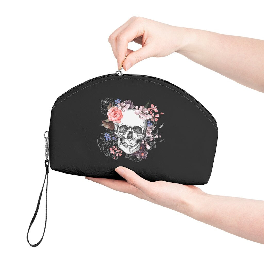 Goth Makeup Bag with skull and flowers alternative accessories emo gothic handbag